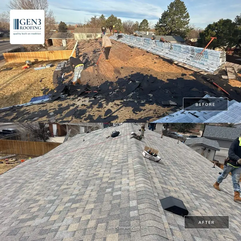 Before and after in Aurora, CO: tear-off down to the deck, then the finished roof