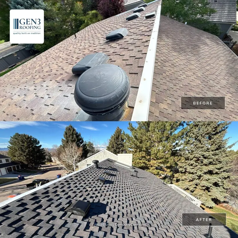 Before and after in Centennial, CO: worn roof, then new architectural shingles