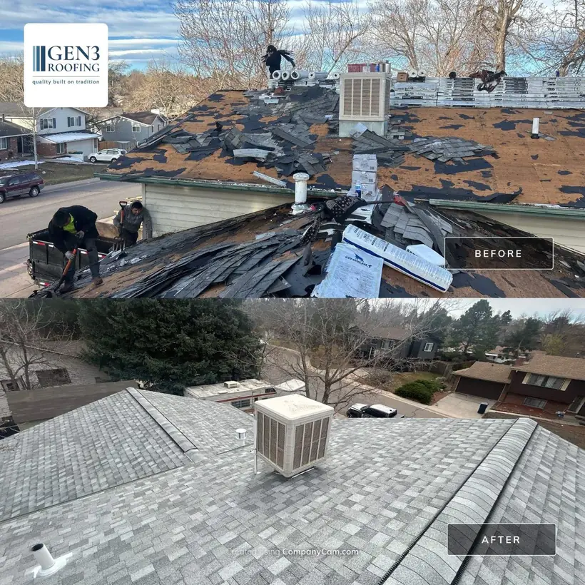 Before and after in Centennial, CO: aging roof, then new architectural shingles