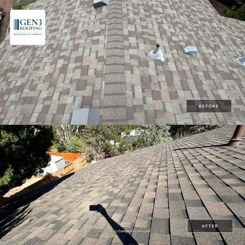 Before and after in Colorado Springs, CO: storm-worn roof, then the finished replacement