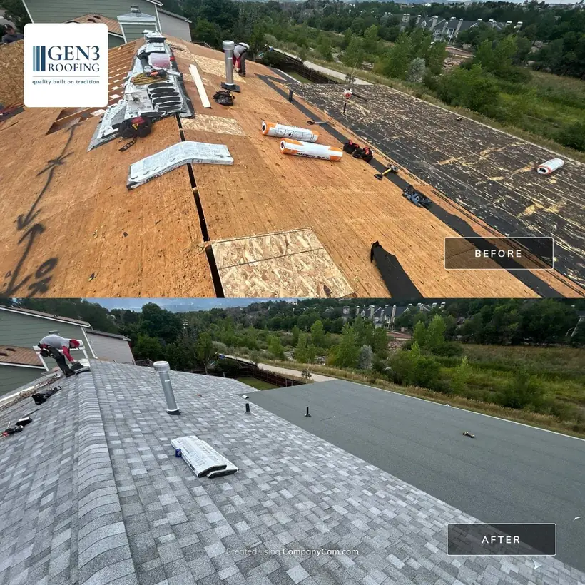 Before and after in Colorado Springs, CO: hail-worn roof, then new architectural shingles