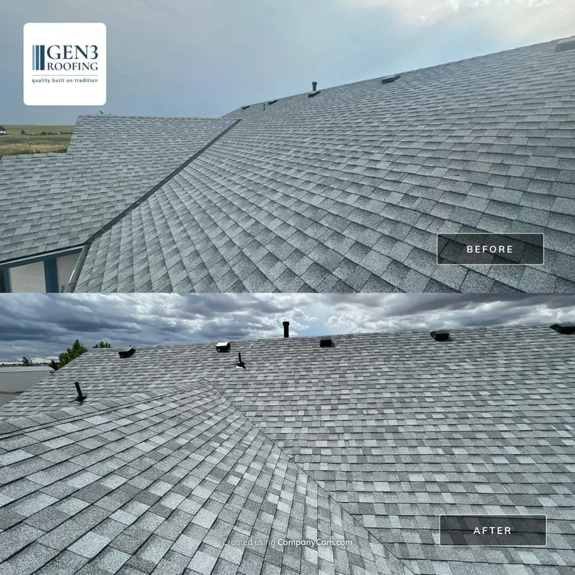 Before and after in Elizabeth, CO, east of Parker: worn roof, then new architectural shingles