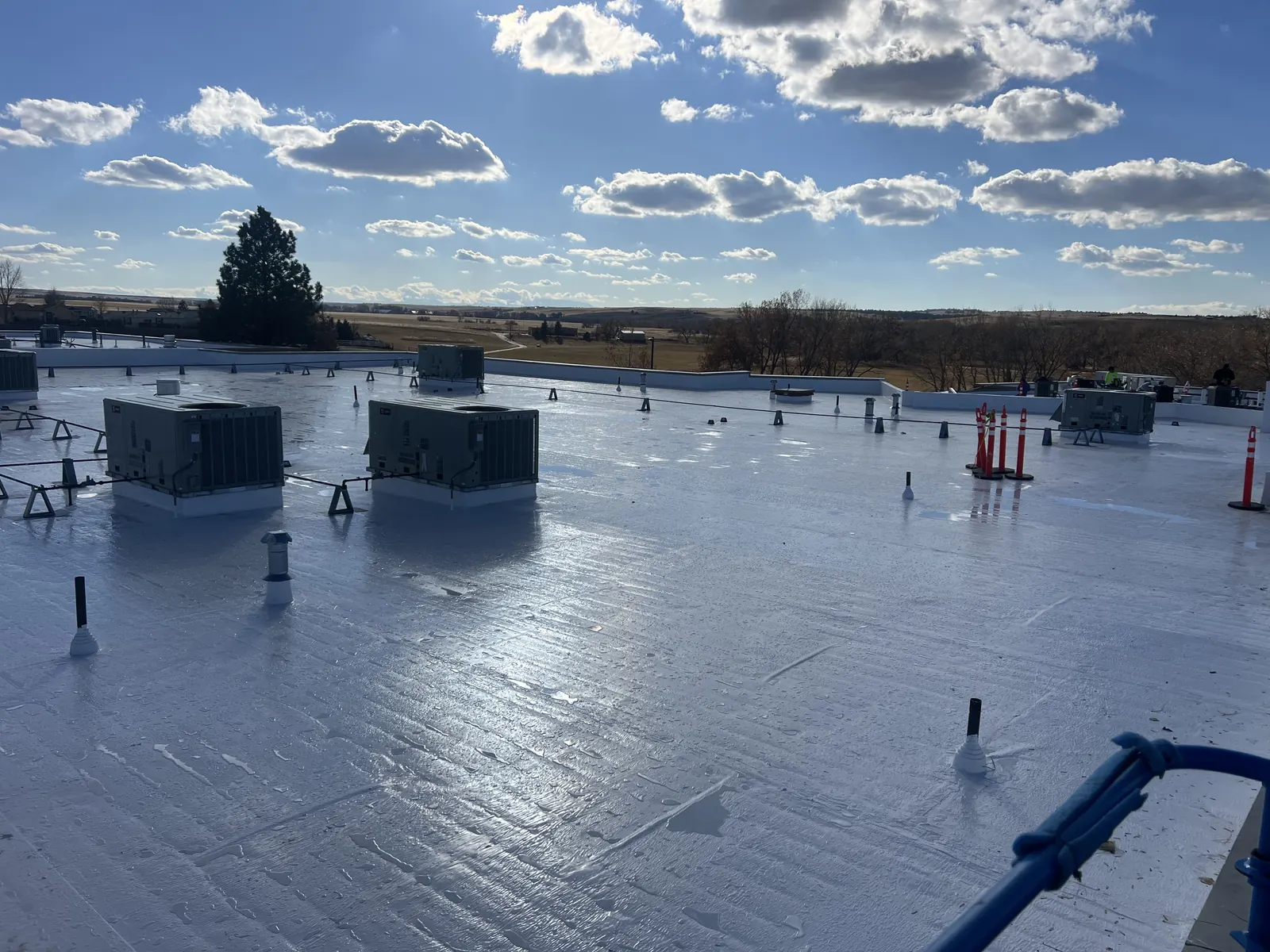 White TPO flat roof with rooftop units on a commercial building