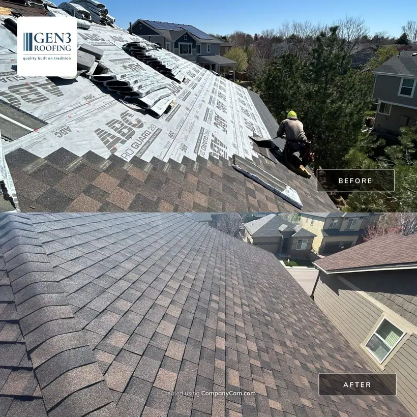 Before and after in Littleton, CO: worn roof, then new architectural shingles
