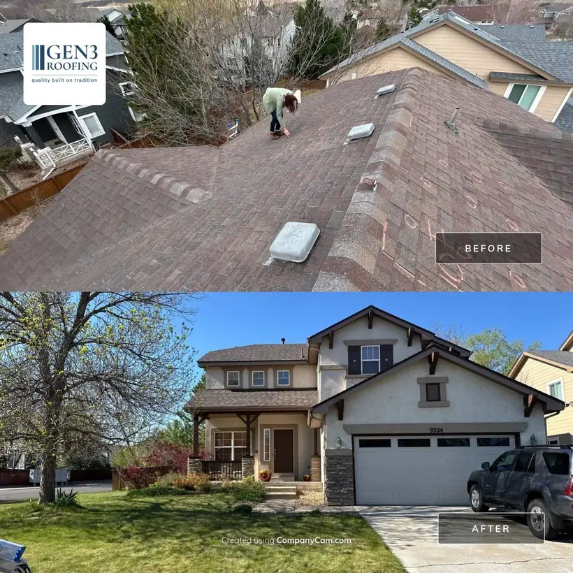 Before and after in Littleton, CO: aging roof, then the house with its new roof